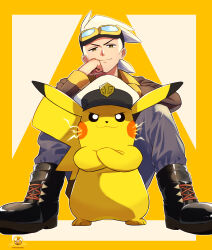 Rule 34 | 1boy, absurdres, asada yo, black footwear, boots, border, brown jacket, captain pikachu, closed mouth, commentary request, creatures (company), friede (pokemon), game freak, gen 1 pokemon, goggles, grey pants, head rest, highres, jacket, long sleeves, looking down, male focus, nintendo, outside border, pants, pikachu, pokemon, pokemon (anime), pokemon (creature), pokemon horizons, smile, white hair, yellow eyes