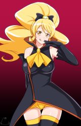 Rule 34 | 1girl, :q, bare shoulders, black gloves, blonde hair, breasts, cameltoe, cosplay, cure honey, elbow gloves, gloves, happinesscharge precure!, jabara tornado, large breasts, licking lips, long hair, naughty face, oomori yuuko, ponytail, precure, solo, tongue, tongue out, unlovely (happinesscharge precure!), unlovely (happinesscharge precure!) (cosplay), wide ponytail, yellow eyes