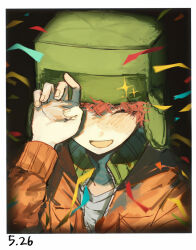 Rule 34 | 1boy, animification, blush, border, closed eyes, confetti, covering one eye, dated, freckles, fur hat, hand up, hat, highres, jacket, kyle broflovski, long sleeves, male focus, open mouth, orange hair, sippudayo, smile, solo, south park, sparkle, upper body, ushanka