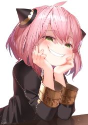 Rule 34 | 1girl, ahoge, anya (spy x family), black dress, blush, child, dress, eden academy school uniform, elbow on table, green eyes, grin, hair ornament, hairpods, hands on own cheeks, hands on own face, highres, long sleeves, looking at viewer, pink hair, ryota (ry o ta), school uniform, short hair, signature, smile, spy x family, white background