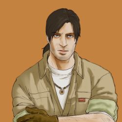 Rule 34 | 1boy, beard, crossed arms, david king, detectivepardo, facial hair, gloves, green eyes, jewelry, long hair, low ponytail, lowres, male focus, necklace, necktie, orange background, resident evil, resident evil outbreak, solo