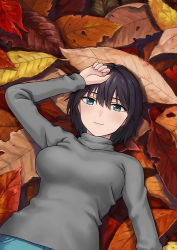 Rule 34 | 1girl, autumn leaves, black hair, blue eyes, breasts, hashi, large breasts, looking at viewer, lying, mini person, minigirl, on back, original, short hair, solo, sweater