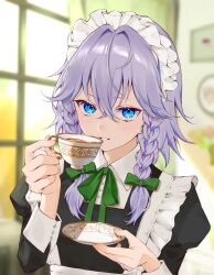 Rule 34 | 1girl, :d, blue eyes, blurry, blurry background, blush, braid, commentary request, crossed bangs, cup, grey hair, hair between eyes, highres, holding, holding cup, holding saucer, indoors, izayoi sakuya, looking at viewer, maid headdress, mokou cooking, nose blush, open mouth, parted lips, saucer, smile, solo, tea, teacup, teeth, touhou, twin braids, upper body, window