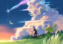 Rule 34 | 1boy, backpack, bag, beanie, bicycle, black shorts, brendan (pokemon), cloud, commentary, creatures (company), crescent moon, dustox, game freak, gen 3 pokemon, grass, green bag, green footwear, grey owl22, hat, highres, holding, legendary pokemon, male focus, moon, nintendo, outdoors, pokemon, pokemon oras, rayquaza, riding, riding bicycle, shirt, shoes, short sleeves, shorts, sitting, sky, tree, white headwear