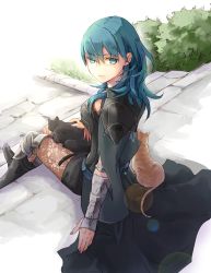 Rule 34 | 1girl, black shorts, blue eyes, blue hair, brown pantyhose, byleth (female) (fire emblem), byleth (fire emblem), cat, closed mouth, fire emblem, fire emblem: three houses, from behind, hair between eyes, lace, lace-trimmed legwear, lace trim, nintendo, pantyhose, pantyhose under shorts, print pantyhose, robaco, shorts, sitting, solo, stairs