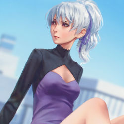 Rule 34 | 1girl, blue sky, blurry, blurry background, breasts, brown eyes, cleavage, commentary, darker than black, day, english commentary, hair ribbon, highres, long sleeves, miura-n315, outdoors, ponytail, purple ribbon, realistic, ribbon, sitting, sky, small breasts, solo, white hair, yin (darker than black)
