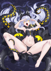 Rule 34 | 1girl, ass, azur lane, bare shoulders, barefoot, black panties, breasts, cameltoe, commentary request, eva (hq8nn1ef), g-string, glowing, glowing eyes, hair between eyes, hands up, highleg, highleg panties, highres, long hair, looking at viewer, lying, navel, observer alpha (azur lane), on back, open mouth, panties, saliva, saliva trail, shiny skin, side-tie panties, silver hair, siren (azur lane), small breasts, solo, spread legs, stomach, string panties, tentacles, thighs, thong, toes, tongue, tongue out, underwear, very long hair, yellow eyes