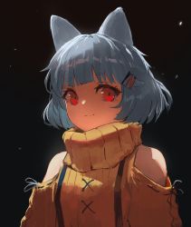 Rule 34 | 1girl, absurdres, animal ears, bare shoulders, black background, blue hair, blunt bangs, bob cut, borrowed character, cat ears, close-up, closed mouth, clothing cutout, commentary, dark background, hair ornament, hairclip, highres, hikimayu, light smile, looking at viewer, neqo (character), original, portrait, red eyes, ribbed sweater, shaded face, short eyebrows, short hair, shoulder cutout, simple background, skirt, solo, suspender skirt, suspenders, sweater, symbol-only commentary, thick eyebrows, turtleneck, turtleneck sweater, upper body, vertigris, yellow sweater