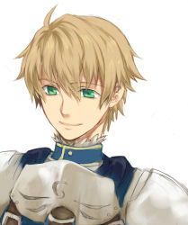 Rule 34 | 1boy, ahoge, armor, arthur pendragon (fate), bad id, bad pixiv id, blonde hair, fate/prototype, fate (series), green eyes, male focus, rabbit19, short hair, simple background, solo, white background