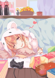 Rule 34 | 1girl, animal ears, artist request, blanket, bowl, breasts, cat, chips (food), cleavage, drooling, food, fruit, fruit bowl, game console, heart, looking at viewer, open mouth, orange (fruit), orange hair, pillow, playstation 2, snack, source request, tagme