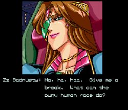 Rule 34 | 1girl, brown hair, collar, english text, eyepatch, gaiares, lowres, parted bangs, pink lips, pixel art, queen, queen zz badnusty, retro artstyle, screencap, solo