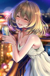 Rule 34 | 10s, 1girl, :d, ^ ^, against railing, alcohol, balcony, beer, beer can, blurry, blush, bokeh, bracelet, breasts, brown hair, can, city lights, cleavage, closed eyes, cowboy shot, depth of field, dress, drink can, evening, eyebrows, from side, highres, horizon, idolmaster, idolmaster cinderella girls, jewelry, leaning, leaning against railing, mole, mole under eye, necklace, open mouth, outdoors, piromizu, railing, short hair, smile, solo, takagaki kaede, white dress