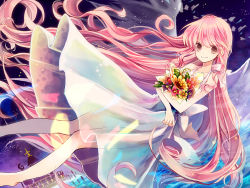Rule 34 | 1girl, bad id, bad pixiv id, barefoot, bouquet, dress, flower, long hair, night, original, pink hair, revision, sky, smile, solo, sunflower, t miyanagi, very long hair, water, wings