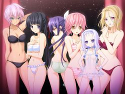 Rule 34 | 6+girls, ass, back, bare back, bare shoulders, black hair, black panties, blonde hair, blue eyes, bra, braid, breast hold, breasts, brown eyes, cameltoe, character request, cleavage, closed eyes, collarbone, dimples of venus, earrings, embarrassed, forehead, fundoshi, game cg, glasses, groin, hands on own hips, highres, japanese clothes, jewelry, koizumi yuzuki, kumatora tatsumi, large breasts, lingerie, long hair, looking at viewer, mole, mole under mouth, multiple girls, navel, negligee, open mouth, own hands clasped, own hands together, panties, pink eyes, pink hair, purple eyes, purple hair, red-framed eyewear, red eyes, resign, sarashi, see-through, short hair, silver hair, striped bra, striped clothes, striped panties, topless, twin braids, underwear, underwear only, wrist cuffs, yellow eyes