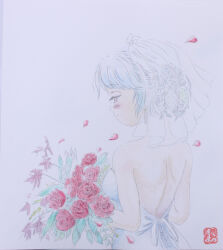 Rule 34 | 1girl, alternate costume, back, back focus, backless dress, backless outfit, bare arms, bare shoulders, blue hair, blush, bouquet, breasts, bridal veil, bride, closed mouth, commentary request, dress, earrings, flower, from behind, hair flower, hair ornament, half-closed eyes, holding, holding bouquet, holding flower, jewelry, light blue hair, looking to the side, medium breasts, murasakiiroi, painting (medium), petals, profile, red flower, red rose, ribbon, rose, seal impression, short hair, simple background, smile, solo, strapless, strapless dress, tatara kogasa, touhou, traditional media, upper body, veil, watercolor (medium), wedding dress, white background, white dress, white veil