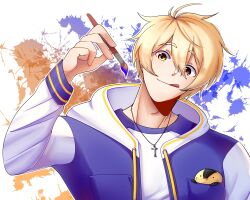 Rule 34 | 1boy, aged up, animal, animal in clothes, bird, blonde hair, blue jacket, blue trim, commentary, cross, cross necklace, english commentary, freckles, highres, holding, holding paintbrush, jacket, james (vocaloid), jewelry, lexshiroji, looking at viewer, male focus, necklace, oliver (vocaloid), open clothes, open jacket, outline, paint splatter, paintbrush, pocket, shirt, short hair, smile, solo, tongue, tongue out, vocaloid, white background, white outline, white shirt, yellow eyes