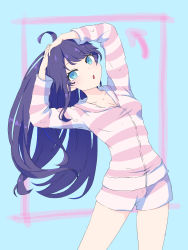 Rule 34 | :o, black hair, blue background, blue eyes, breasts, cleavage, collarbone, cowlick, hands on own head, highres, hood, hoodie, indie virtual youtuber, katanose, kson, kson (2nd costume), leaning to the side, long hair, open mouth, pink shorts, shorts, small breasts, solo, souchou, striped clothes, striped hoodie, striped shorts, virtual youtuber