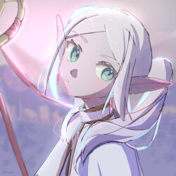 Rule 34 | 1girl, blurry, blurry background, capelet, dot mouth, drop earrings, earrings, frieren, gold trim, green eyes, head tilt, high collar, jewelry, klaeia, long hair, long pointy ears, mage staff, pale skin, parted bangs, pointy ears, red ribbon, ribbon, sketch, sky, solo, sousou no frieren, thick eyelashes, twintails, white capelet, white hair