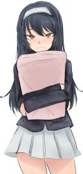 Rule 34 | 1girl, black hair, blue jacket, blush, brown eyes, closed mouth, commentary, cowboy shot, frown, girls und panzer, hairband, half-closed eyes, highres, holding, holding pillow, jacket, long hair, long sleeves, looking at viewer, military, military uniform, miniskirt, nekuro, ooarai military uniform, pillow, pleated skirt, reizei mako, simple background, skirt, solo, standing, uniform, white background, white hairband, white skirt