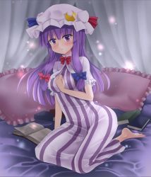 Rule 34 | 1girl, 3692materia, bare shoulders, barefoot, blue ribbon, blunt bangs, blush, book, capelet, closed mouth, crescent, crescent hair ornament, curtains, dress, frilled pillow, frills, hair ornament, hair ribbon, hat, highres, kneeling, long hair, looking at viewer, mob cap, patchouli knowledge, pillow, purple eyes, purple hair, red ribbon, ribbon, sidelocks, solo, striped clothes, striped dress, touhou, tress ribbon