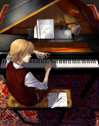 Rule 34 | 1boy, bad deviantart id, bad id, blonde hair, elaine murphy, from behind, grand piano, instrument, lamp, male focus, piano, piano bench, profile, rug, sheet music, sleeves pushed up, solo, vest