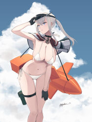 Rule 34 | 1girl, absurdres, alternate costume, artist name, bikini, black choker, black gloves, black hat, blue eyes, blue sky, breasts, capelet, choker, cleavage, cloud, cloudy sky, commentary request, dated, feet out of frame, fritz x, gloves, gluteal fold, graf zeppelin (kancolle), grey hair, hat, highres, kantai collection, large breasts, leaning forward, long hair, navel, odachu, outdoors, partially fingerless gloves, side-tie bikini bottom, sky, solo, swimsuit, thigh strap, twintails, visor cap, white bikini