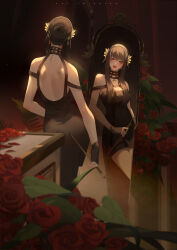 Rule 34 | 1girl, absurdres, back, backless dress, backless outfit, bare legs, black dress, black hair, breasts, dagger, dress, flower, from behind, full-length mirror, hair bun, hair ornament, highres, holding, holding weapon, knife, long hair, medium breasts, mirror, red eyes, red flower, red lips, red rose, reflection, rose, short dress, sidelocks, solo, spy x family, stiletto (weapon), swept bangs, weapon, yor briar, zm-panda-