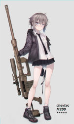 Rule 34 | 1girl, ahoge, anti-materiel rifle, bare legs, black gloves, black necktie, black skirt, bolt action, breast pocket, breasts, brown jacket, cable, cheytac m200, closed mouth, collared shirt, commentary, dress shirt, english text, full body, girls&#039; frontline, gloves, grey background, gun, hakua mill, headset, unworn headwear, highres, holding, holding gun, holding weapon, hood, hood down, hooded jacket, jacket, light brown hair, looking at viewer, loose necktie, low ponytail, m200 (girls&#039; frontline), messy hair, muzzle device, necktie, open clothes, open jacket, pen, pleated skirt, pocket, popped collar, purple eyes, purple footwear, rifle, scope, shirt, shoes, sidelocks, skirt, small breasts, sniper rifle, socks, solo, standing, star (symbol), untucked shirt, weapon, white shirt, white socks, zipper