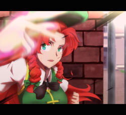 Rule 34 | 1girl, black bow, black bowtie, bow, bowtie, braid, breasts, brick wall, clenched hand, commentary request, green bow, green eyes, green headwear, green vest, hair bow, hong meiling, large breasts, letterboxed, long hair, looking at viewer, motion blur, open mouth, parted bangs, red hair, shirt, solo, textless version, touhou, twin braids, upper body, vest, white shirt, yocchi (tenyunkel)