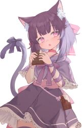 Rule 34 | 1girl, :o, absurdres, animal ear fluff, animal ears, arm ribbon, blush, bow, candy, capelet, cat ears, cat girl, cat tail, chocolate, chocolate bar, choker, commission, cowboy shot, dress, fallenshadow, food, frilled capelet, frills, hair bow, highres, holding, holding chocolate, holding food, indie virtual youtuber, klaius, looking at viewer, medium hair, open mouth, pink bow, pink choker, pink eyes, purple capelet, purple dress, purple hair, ribbon, simple background, single wrist cuff, solo, tail, tail bow, tail ornament, virtual youtuber, waist bow, white background, wrist cuffs