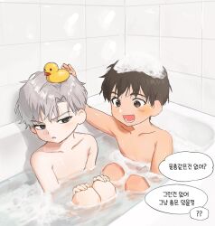 Rule 34 | 2boys, aged down, alskatn77, bathtub, black eyes, brown eyes, child, completely nude, foam, hand on another&#039;s head, hands on own knees, happy, ilay riegrow, indoors, jeong taeui, korean text, light blush, male focus, multiple boys, nude, open mouth, partially submerged, passion (manhwa), rubber duck, short hair, smile, teeth, tile wall, tiles, water, white hair