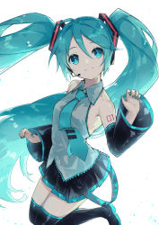 1girl absurdres aqua_eyes aqua_hair aqua_nails aqua_necktie bare_shoulders black_skirt black_sleeves black_thighhighs commentary detached_sleeves feet_out_of_frame grey_shirt hair_ornament hand_up hatsune_miku headphones headset highres leg_up long_hair looking_at_viewer miniskirt nail_polish necktie pleated_skirt shirt shoulder_tattoo skirt sleeveless sleeveless_shirt smile solo tattoo thighhighs twintails very_long_hair vocaloid white_background yohki zettai_ryouiki