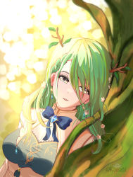 Rule 34 | 1girl, absurdres, acetyl koa, antlers, blue ribbon, braid, breasts, ceres fauna, cleavage, cleavage cutout, clothing cutout, flower, green hair, hair flower, hair ornament, highres, hololive, hololive english, horns, large breasts, long hair, looking at viewer, plant, ribbon, signature, single braid, smile, sticks, tree, virtual youtuber, yellow eyes