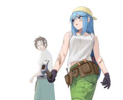 Rule 34 | 1boy, 1girl, aqua (konosuba), artist name, bandana, belt, belt pouch, black gloves, blue eyes, blue hair, brown belt, brown hair, cargo pants, carlo montie, clothes around waist, commentary, dirty, dirty face, english commentary, gloves, green jacket, green pants, hammer, headband, highres, holding, holding hammer, jacket, jacket around waist, kono subarashii sekai ni shukufuku wo!, long hair, looking back, looking to the side, pants, parted bangs, pouch, satou kazuma, shirt, short hair, simple background, sleeves rolled up, solo focus, very long hair, white background, white shirt, yellow bandana, zoolander