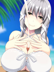 Rule 34 | 1boy, 1girl, 20s, abu, beach, bikini, bikini top only, blue sky, blurry, blurry background, blush, braid, breast suppress, breasts, censored, clair lasbard, closed mouth, clothed female nude male, cloud, cross-laced clothes, cum, cum string, ejaculation, ejaculation between breasts, erection, front-tie bikini top, front-tie top, grey hair, hair between eyes, hands on own breasts, hands on own chest, hetero, highres, large breasts, leaf, long hair, looking at viewer, mosaic censoring, naughty face, nude, outdoors, paizuri, paizuri under clothes, palm leaf, palm tree, penis, pov, sand, seductive smile, side braid, sky, smile, solo focus, square enix, star ocean, star ocean till the end of time, swimsuit, tan, tree, twin braids, water, white bikini, yellow eyes