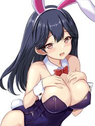 Rule 34 | 1girl, ahoge, bare legs, black hair, breasts, brown eyes, highres, kantai collection, large breasts, leotard, long hair, looking at viewer, montemasa, open mouth, playboy bunny, simple background, smile, solo, strapless, strapless leotard, ushio (kancolle), white background
