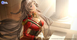 Rule 34 | 1girl, aiguillette, azur lane, blunt bangs, braid, breasts, chain, cleavage, closed mouth, commentary, corset, cowboy shot, dress, english commentary, epaulettes, eyelashes, floating hair, from side, gloves, grey eyes, grey hair, highres, jacket, large breasts, light smile, long hair, nanaken nana, official art, pillar, red dress, red jacket, second-party source, shrug (clothing), smile, solo, standing, sunlight, underbust, vittorio veneto (azur lane), watermark, white gloves