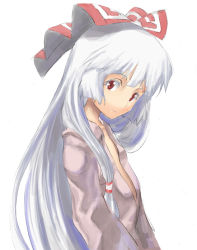 Rule 34 | 1girl, collared shirt, expressionless, female focus, fujiwara no mokou, long hair, long sleeves, looking at viewer, shirt, silver hair, solo, suspenders, touhou, upper body, very long hair, white background, wide-eyed, yohane