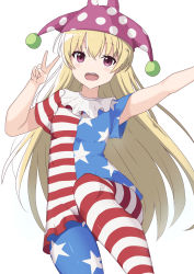 Rule 34 | 1girl, american flag legwear, american flag shirt, arm up, blonde hair, blue sleeves, blush, clownpiece, hair between eyes, hands up, hat, highres, holding, jester cap, leg up, long hair, looking at viewer, multicolored clothes, multicolored pants, multicolored shirt, open mouth, pants, pantyhose, pink eyes, pink hat, red sleeves, shirt, short sleeves, simple background, smile, solo, standing, standing on one leg, star (symbol), star print, striped clothes, striped pants, striped shirt, touhou, tsukikaze aki, white background, white sleeves
