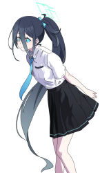 Rule 34 | 1girl, aris (blue archive), black hair, black skirt, blue archive, blue bow, blue eyes, blue necktie, bow, closed mouth, collared shirt, feet out of frame, hair bow, halo, highres, long hair, looking at viewer, necktie, nyaru (nyaru 4126), pleated skirt, ponytail, ringed eyes, shirt, short sleeves, simple background, skirt, smile, solo, standing, very long hair, white background, white shirt