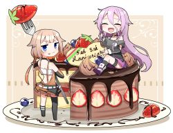 Rule 34 | 2girls, anniversary, asymmetrical legwear, bad id, bad twitter id, birthday cake, blue eyes, blueberry, braid, cake, cevio, chibi, chocolate, closed eyes, collar, commentary, food, food on face, fork, fruit, full mouth, grey shirt, highres, holding, holding fork, ia (vocaloid), kneehighs, long hair, looking at viewer, looking back, mini person, minigirl, multiple girls, off-shoulder shirt, off shoulder, one (cevio), open mouth, pink hair, pink skirt, plate, platinum blonde hair, shidoh279, shirt, short hair, single thighhigh, skirt, smile, socks, strawberry, thighhighs, uneven legwear, very long hair, vocaloid