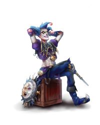 Rule 34 | 1boy, abs, absurdres, alternate hairstyle, artist name, blue hair, boots, chain, dms, highres, jester, jester junkrat, junkrat (overwatch), makeup, male focus, midriff, navel, official alternate costume, orange eyes, overwatch, overwatch 1, simple background, sitting, solo, white background