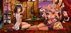Rule 34 | 10s, 2girls, absurdres, adjusting clothes, adjusting headwear, airbrush (medium), alternate costume, alternate headwear, architecture, arm at side, bare legs, barefoot, black hair, black shorts, blouse, blue eyes, bra, branch, breasts, budget sarashi, bug, butterfly, cherry blossoms, chrysanthemum, collar, collarbone, cup, east asian architecture, eyelashes, female admiral (kancolle), floral print, flower, folding screen, gloves, hair between eyes, hair flower, hair ornament, hair ribbon, hair stick, hairband, hat, highres, holding, holding smoking pipe, indoors, insect, jacket, jacket on shoulders, japanese clothes, kantai collection, katana, kikumon, kimono, kiseru, lace, lace-trimmed bra, lace trim, lamp, lantern, large breasts, lips, long hair, looking at viewer, looking to the side, makeup, mascara, medium breasts, military, military hat, military rank insignia, military uniform, mixed media, mountain, multiple girls, musashi (kancolle), obi, off shoulder, on floor, open clothes, open fly, open kimono, open shirt, paper lantern, parted lips, peaked cap, ponytail, poyan noken, purple sky, reclining, red eyes, ribbon, sarashi, sash, scabbard, sheath, sheathed, shirt, short kimono, shorts, sideboob, sitting, sky, sliding doors, smoking pipe, sword, table, teapot, traditional media, twilight, two side up, underboob, underwear, uniform, unzipped, watercolor pencil (medium), weapon, white gloves, white hair, white jacket, wooden floor, wrist ribbon, yokozuwari, yunomi, yuujo