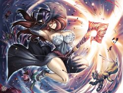 Rule 34 | bare shoulders, black hat, blood, body parts, breasts, brown hair, detached sleeves, dismemberment, dragon&#039;s crown, dress, full body, hat, highres, holding, holding clothes, holding hat, huge breasts, long hair, magic, shoes, side slit, sorceress (dragon&#039;s crown), staff, straddling, strapless, strapless dress, the golden smurf, thick thighs, thighs, very long hair, witch hat