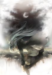 Rule 34 | 1girl, absurdres, alternate costume, aqua hair, black thighhighs, casual, city lights, cloud, crescent moon, eyelashes, closed eyes, floating hair, hatsune miku, highres, hill, hood, hoodie, moon, mountain, night, ocean, profile, saihate (saihate d3), scenery, signature, sky, solo, star (sky), surreal, thighhighs, twintails, vocaloid, water
