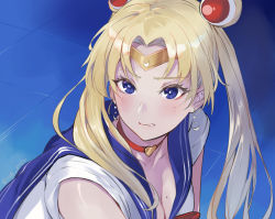 Rule 34 | 1girl, absurdres, bishoujo senshi sailor moon, blonde hair, blue background, blue eyes, blue sailor collar, blush, bow, breasts, choker, circlet, cleavage, clenched teeth, collarbone, commentary, crescent, crescent earrings, derivative work, diadem, earrings, from side, hair bobbles, hair ornament, hair over shoulder, heart, heart choker, highres, jewelry, long hair, looking away, medium breasts, meme, mole, mole on breast, nr noir, parted bangs, red bow, red choker, sailor collar, sailor moon, sailor moon redraw challenge (meme), sailor senshi, sailor senshi uniform, screenshot redraw, shirt, short sleeves, solo, teeth, tile floor, tiles, tsukino usagi, tsurime, twintails, twitter username, upper body, white shirt
