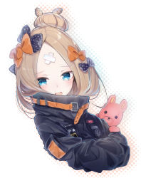 Rule 34 | 1girl, abigail williams (fate), abigail williams (traveling outfit) (fate), bandaid, bandaid on face, bandaid on forehead, belt, black bow, black jacket, bow, chuuko anpu, commentary request, fate/grand order, fate (series), hair bow, hair bun, halftone, halftone background, highres, jacket, light brown hair, long hair, long sleeves, looking at viewer, looking to the side, official alternate costume, open mouth, orange belt, orange bow, parted bangs, polka dot, polka dot bow, round teeth, single hair bun, solo, stuffed animal, stuffed toy, teddy bear, teeth, upper teeth only, white background