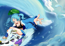 Rule 34 | 1girl, absurdres, blue eyes, blue hair, breasts, cleavage, crop top, female focus, foreshortening, hair bobbles, hair ornament, hat, highres, jacket, kawashiro nitori, matching hair/eyes, nito koma, open clothes, open jacket, science fiction, short hair, solo, surfboard, surfing, tank top, touhou, twintails, water, waves