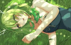 Rule 34 | 1girl, antlers, bare shoulders, blue dress, branch, breasts, ceres fauna, cleavage, collarbone, commentary, dappled sunlight, dress, english commentary, flower, from above, grass, green hair, hair between eyes, hair flower, hair ornament, highres, hololive, hololive english, horns, kakiiro416, large breasts, long hair, looking at viewer, lying, mole, mole under eye, nature, on side, outdoors, sidelocks, smile, solo, sunlight, virtual youtuber, yellow eyes