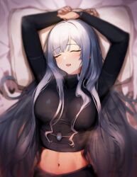 Rule 34 | 1girl, 3 small spiders, absurdres, ak-12 (girls&#039; frontline), arms up, black shirt, blush, breasts, closed eyes, commentary request, crop top, fingernails, girls&#039; frontline, highres, large breasts, long hair, long sleeves, lying, midriff, navel, on back, open mouth, pillow, shirt, solo, steaming body, sweat, turtleneck, upper body